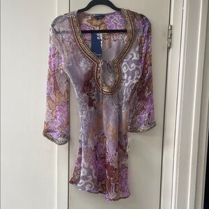 Embellished Beaded V-Neck Floral Sheer Tunic - Purple & Brown